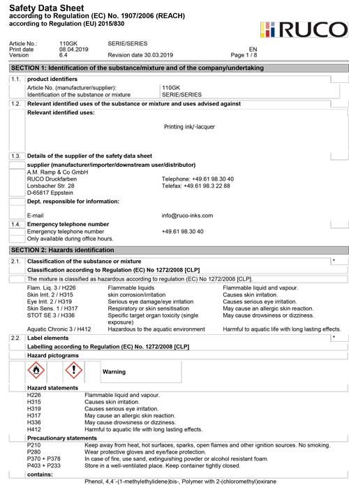 MSDS 110GK RUCO inks MSDS RUCO Inks related Reference FINECAUSE